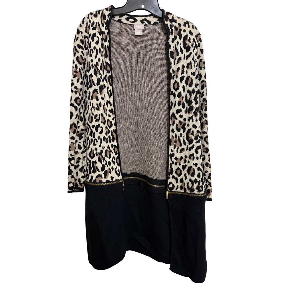 Chicos Leopard Print Colorblock Longline Cardigan Zipper Detail Size 0 Small